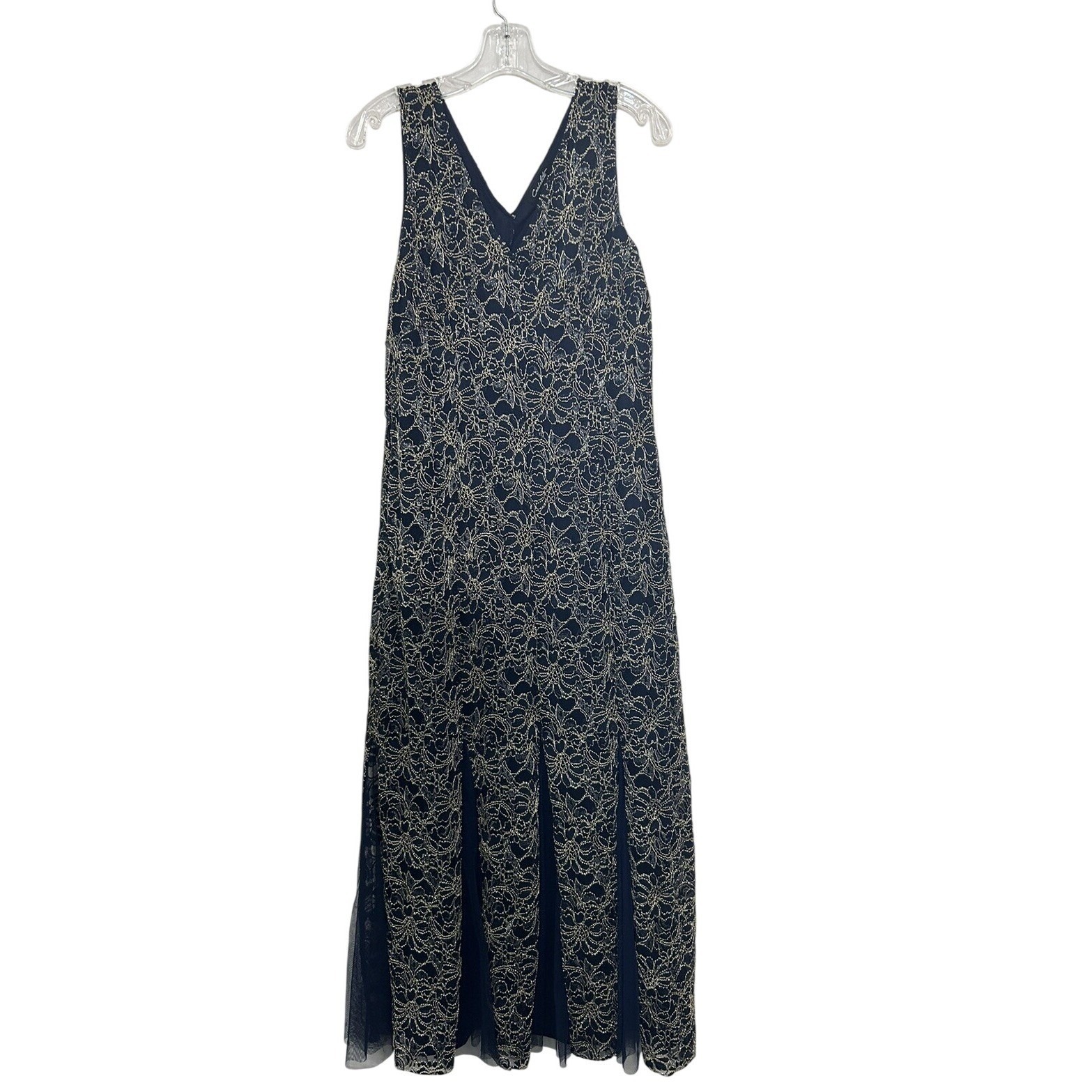 Candalite Womens Navy Gold Metallic Floral Lace Godet Maxi Dress Gown Size L